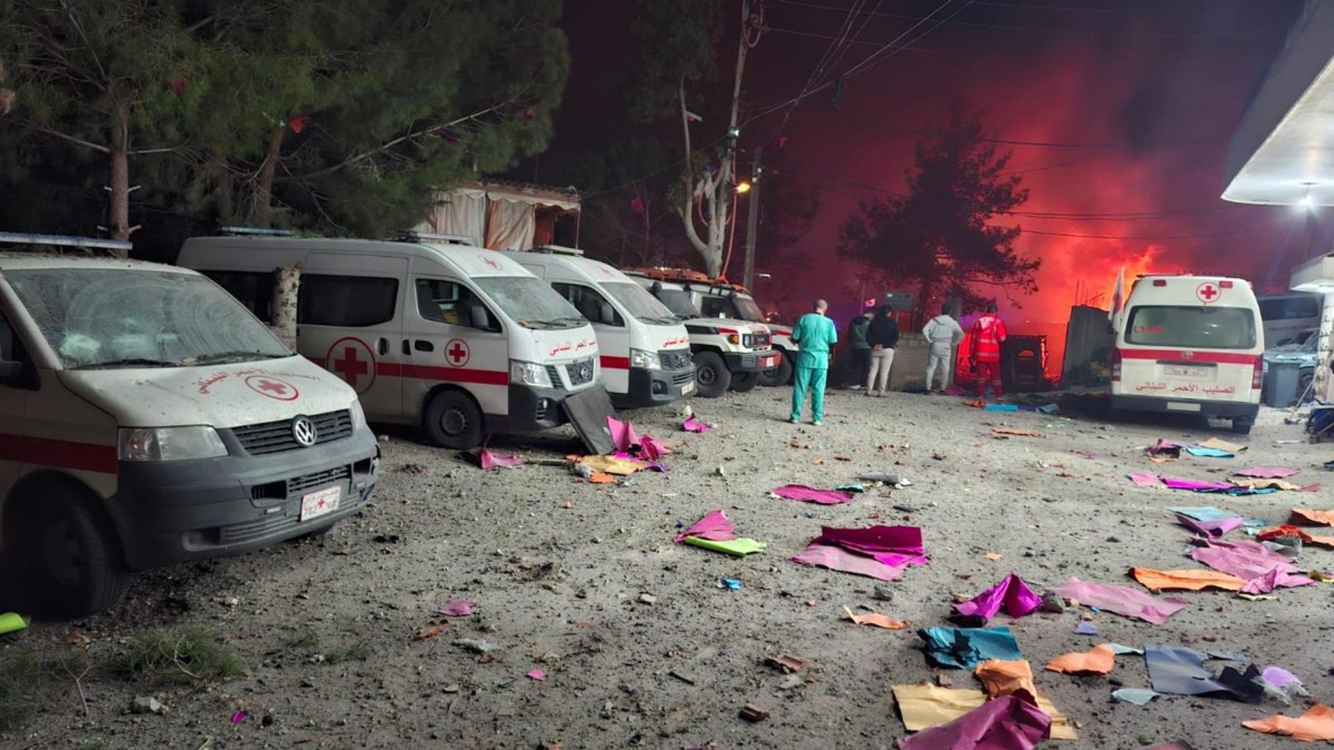 Lebanese Red Cross: An Israeli airstrike near the Tebnine center in the Bint Jbeil district caused significant material damage at dawn on April 16, 2026; the site includes a regional operations room, an ambulance and emergency unit, and a disaster management center