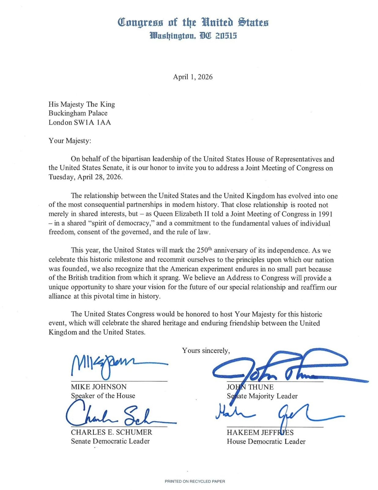 Photo: Official invitation from Congress to King Charles