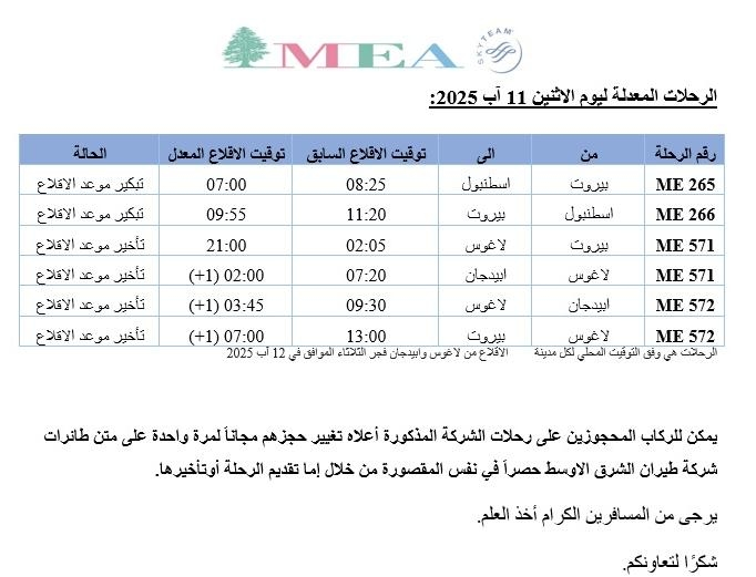 تعديل رحلات... بيان جديد من طيران الشرق الأوسط