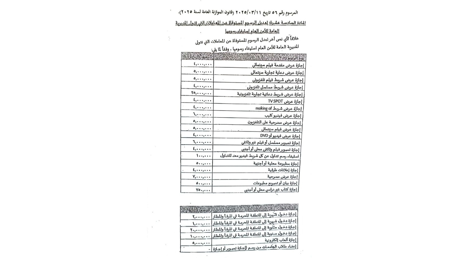 الأمن العام نشر جدول قيمة الرسوم المعدّلة على المعاملات