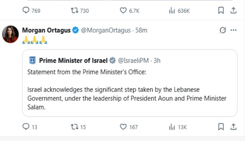 بالصورة: أورتاغوس.. و"إشارة" معبّرة لنتنياهو على "اكس"