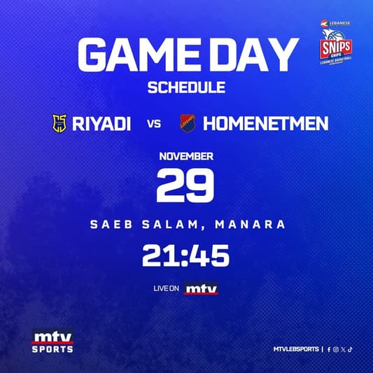 Stay tuned for the match between Riyadi and Homenetmen within the sixth stage of the SNIPS Lebanese Basketball Championship at 9:45 pm live on MTV