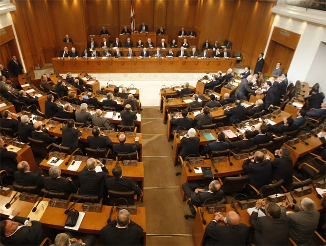 MPs Michel Pharaon and Nicolas Ghosn arrive to the parliament to participate in today's session