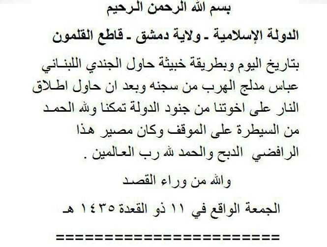 ISIS Statement: We slaughtered soldier Abbas Medlej for attempting to escape