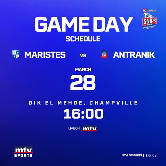 Watch the match between Maristes Champville and Antranik within the eighteenth stage of the SNIPS Lebanese Basketball Championship now live on MTV