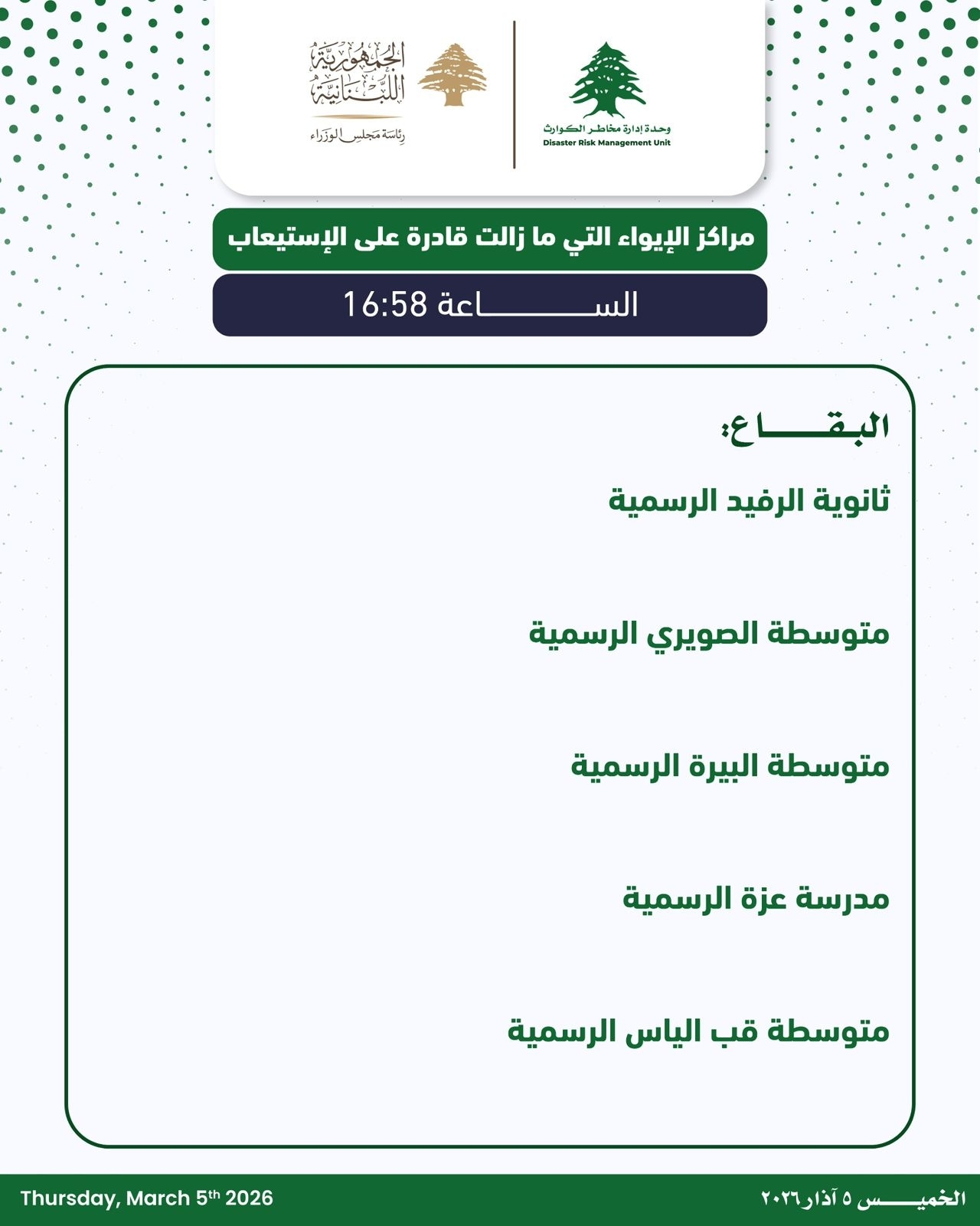 Photos: List of Shelter Centers in Northern Lebanon, Akkar, and the Bekaa