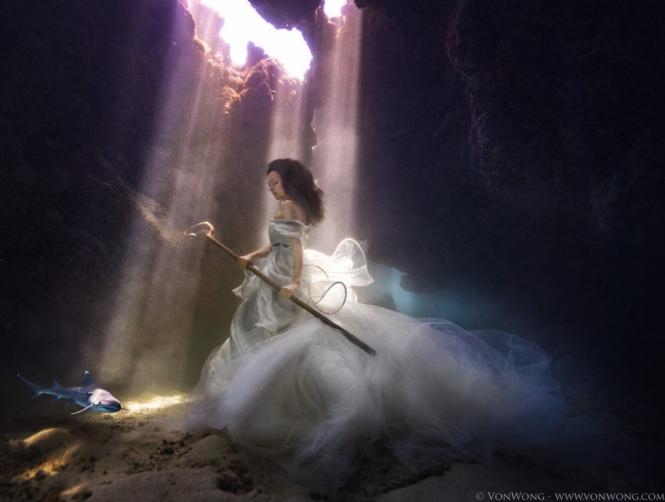 Model Poses Underwater with Real Sharks to Stop Finning