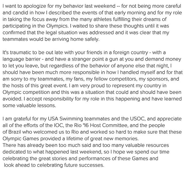 Photo: US swimmer Ryan Lochte issues apology for behavior, 'not being more careful' in describing Rio de Janeiro incident