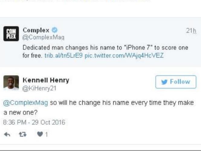 A Man Changes His Name to iPhone 7