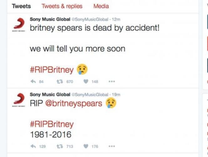 Sony Official Twitter Account Says 'Britney Spears Dead' in Suspected Hack