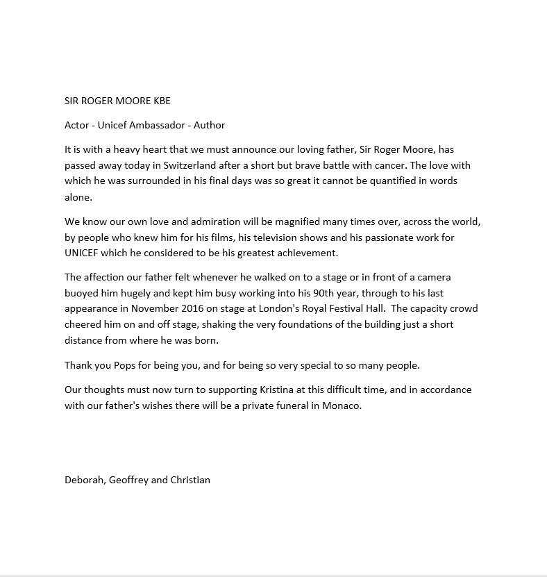 James Bond Actor Sir Roger Moore Dies after Short Battle with Cancer