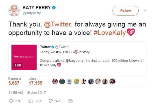 US Singer Katy Perry Is First to 100m Twitter Followers