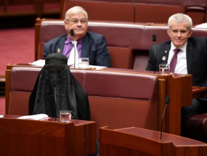 Photos: Australia's Hanson wears burqa to parliament in bid to ban them