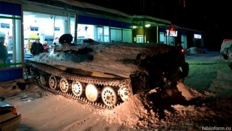 Russian man rams armored personnel carrier into shop, steals wine