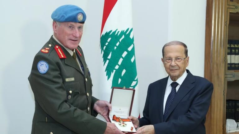 Aoun decorates UNIFIL Commander with National Cedar Medal upon mission end