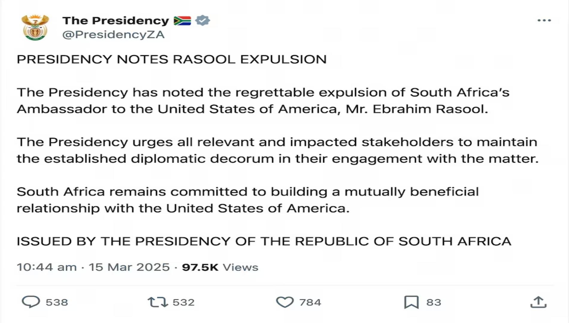US expels South Africa's ambassador, calls him 'race-baiting' America hater