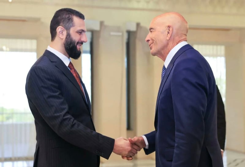 Syrian President Ahmad Al-Sharaa met with US envoy to Syria Tom Barrack and his accompanying delegation at the People’s Palace in the capital, Damascus
