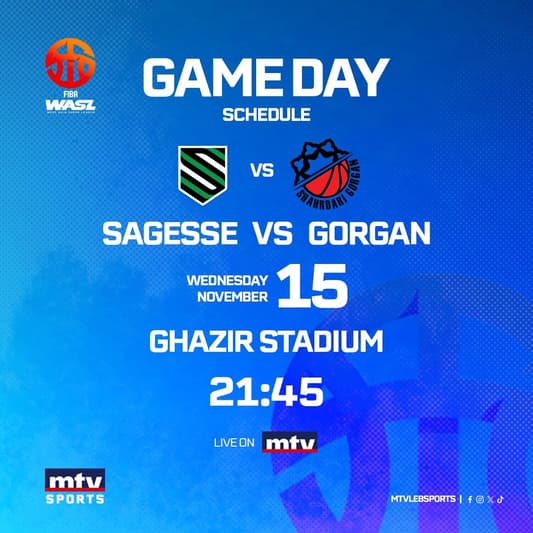 Stay tuned for the match between the Lebanese Sagesse and the Iranian Gorgan within the first round of the West Asian Basketball Super League tonight at 9:30 pm live on MTV