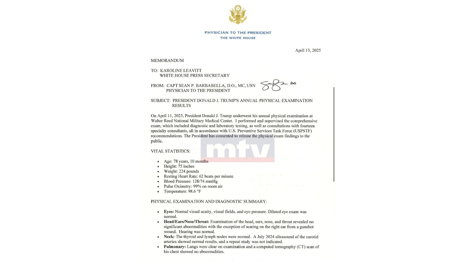 خاص موقع mtv: التقرير الطبي لفحوصات ترامب