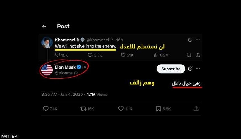 Photo: Khamenei and Musk Clash on X, Musk Replies in Persian