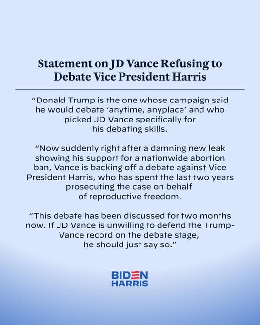 Biden-Harris campaign accuses JD Vance of backing off a debate against Kamala Harris