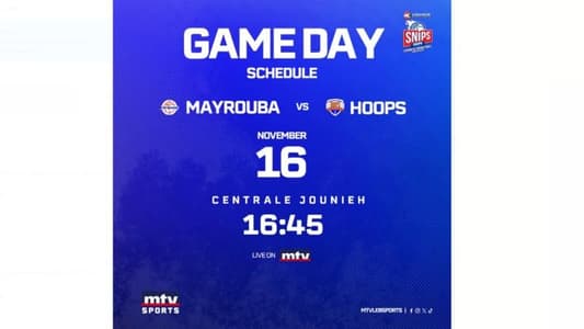 Stay tuned for the match between Mayrouba and Hoops within the fourth stage of the SNIPS Lebanese Basketball Championship at 4:45 pm, live on MTV