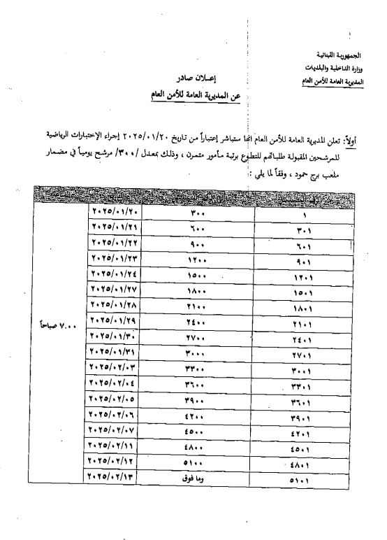 مواعيد الاختبارات الرياضية للمرشحين للتطوع برتبة مأمور متمرن في الأمن العام