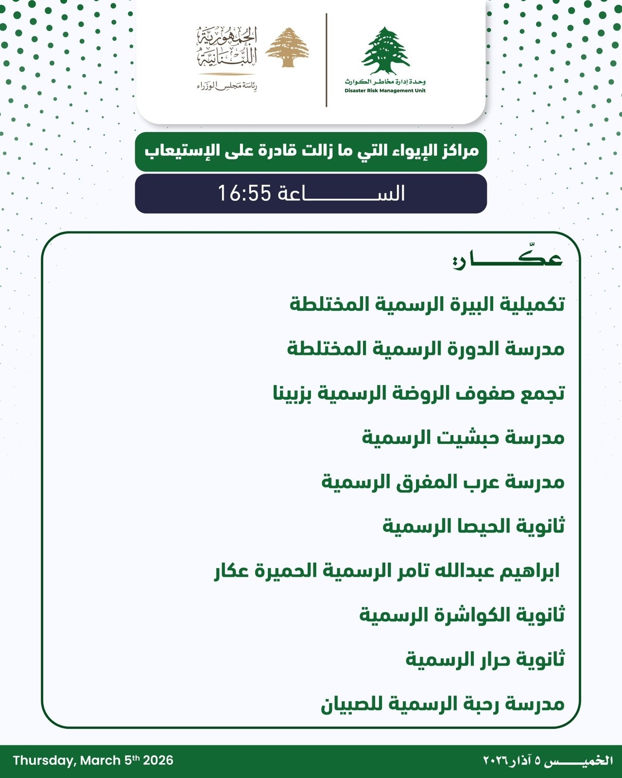 Photos: List of Shelter Centers in Northern Lebanon, Akkar, and the Bekaa