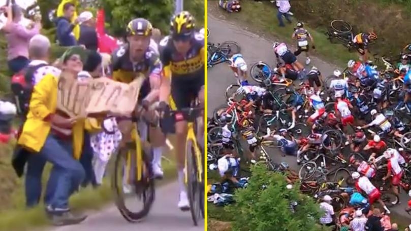 Spectator With Sign Causes Huge Crash at Tour de France as 21 Riders Injured
