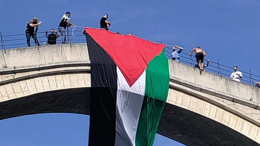 Palestinian flag raised on the Old Bridge in Mostar, Bosnia and Herzegovina