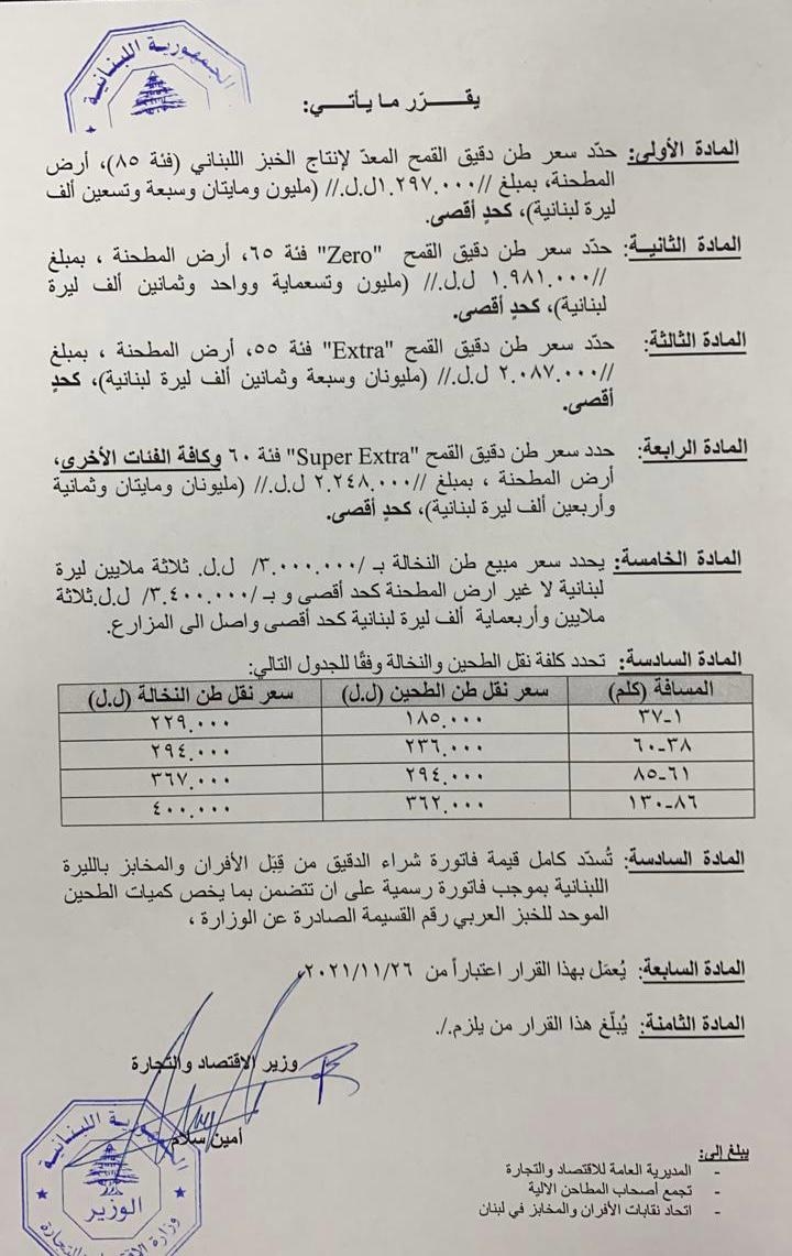 بالصّور: وزير الاقتصاد يُحدّد سعر ربطة الخبز بـ 10 آلاف ليرة لبنانيّة