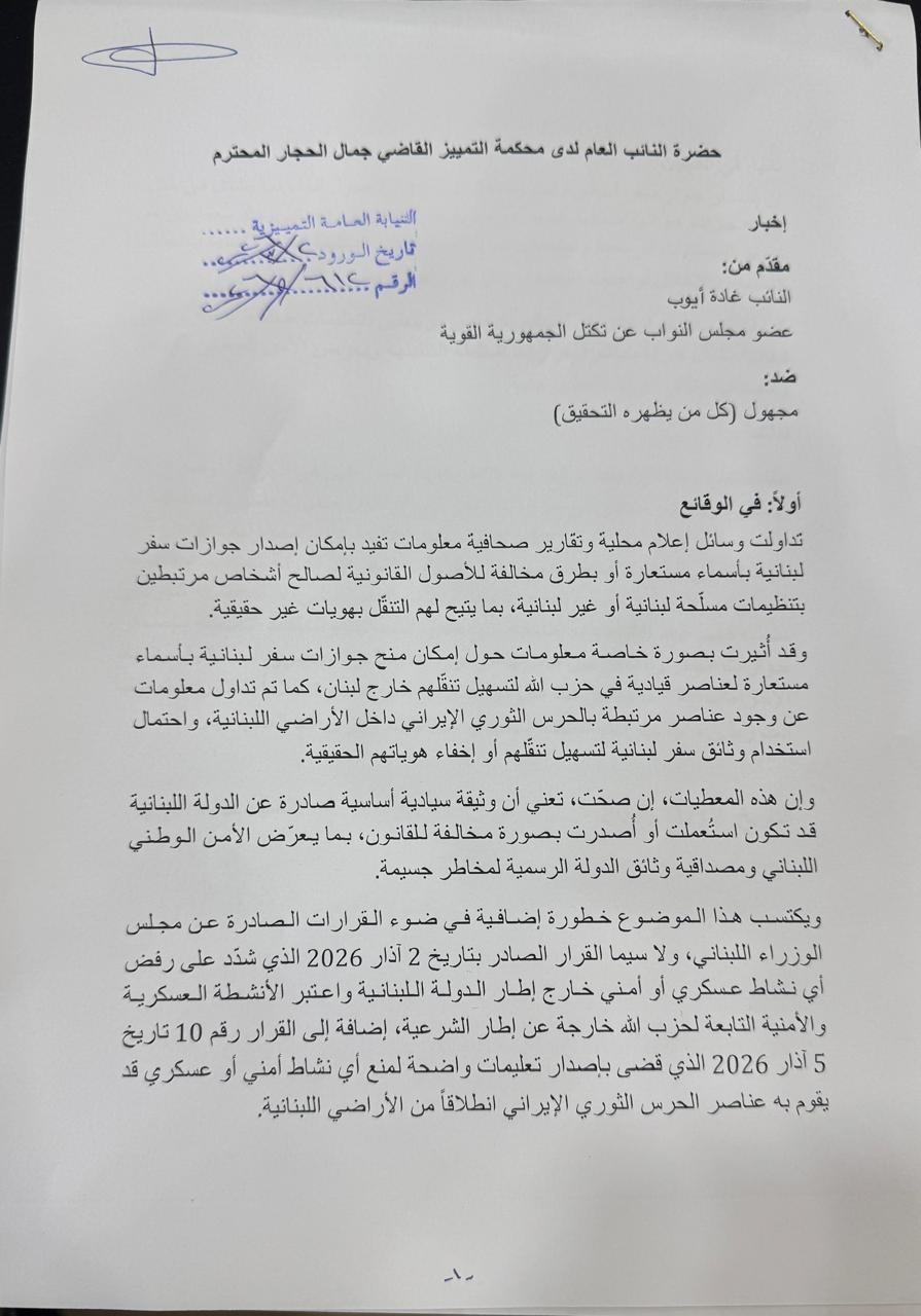 أيوب تتقدّم بإخبار حول إمكانية إصدار جوازات سفر لبنانية بأسماء مستعارة