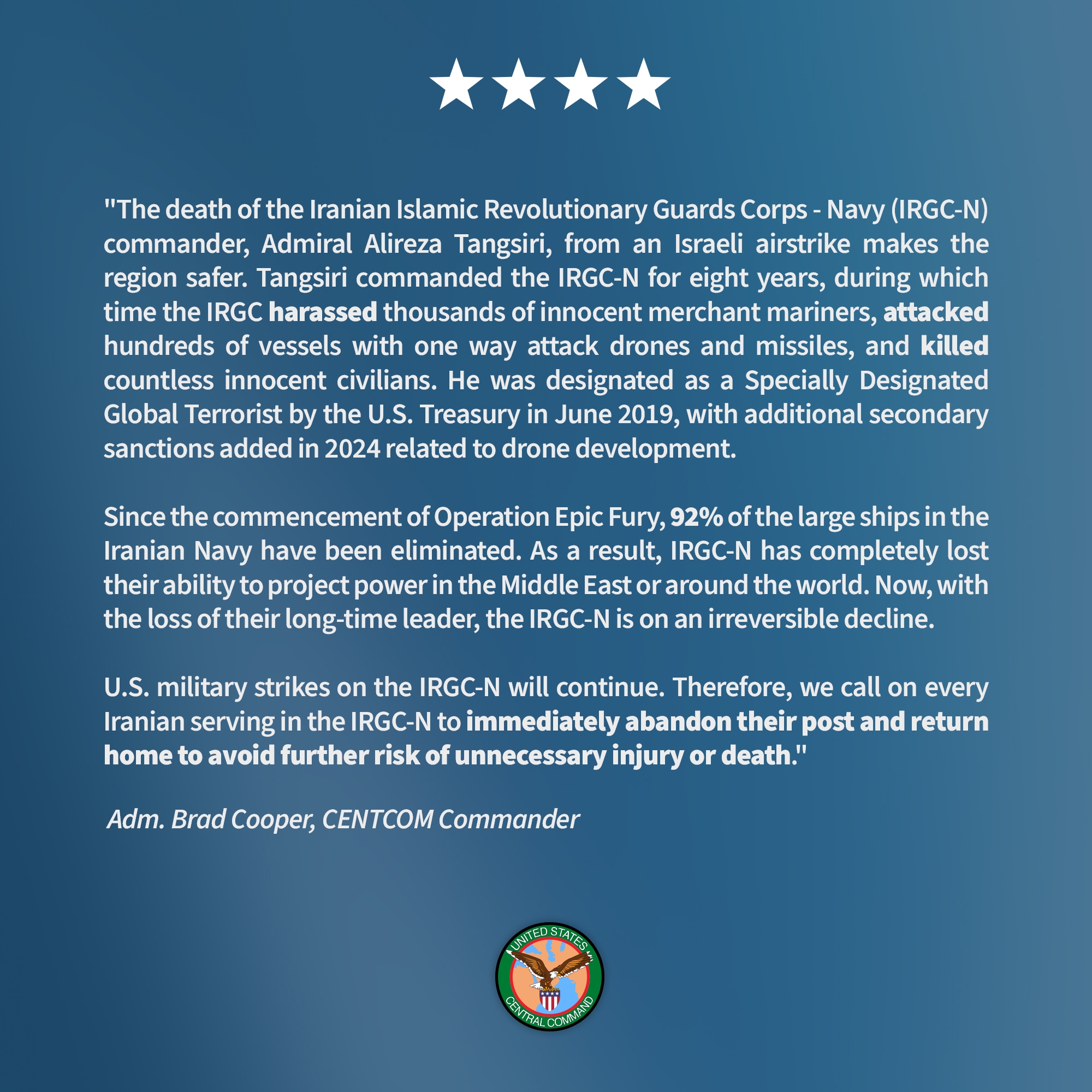 US military says IRGC navy commander killed in Israeli strike