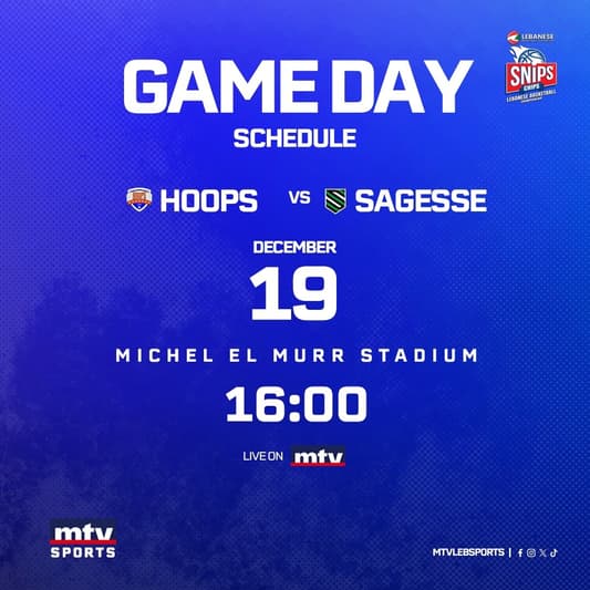 Stay tuned for the match between Hoops and Sagesse within the eighth stage of the SNIPS Lebanese Basketball championship, at 4:00 pm, live on MTV