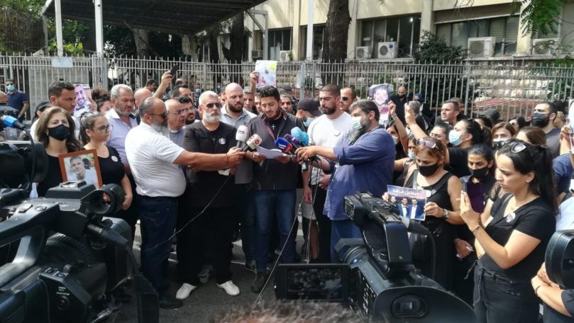 Families of Beirut Fire Brigade martyrs rally outside Justice Palace in support of Judge Bitar
