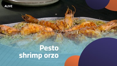Pesto shrimp orzo