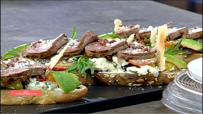 Bruschetta with cheese and meat