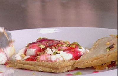 Mille Feuille achta with Hibiscus Sauce