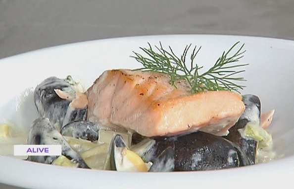 Salmon Mussels and Leeks