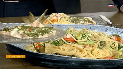 Spaghetti with grilled fish