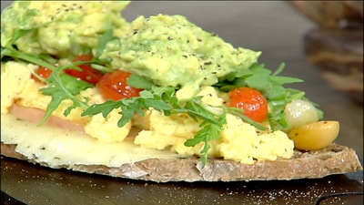 Club sandwich with scrambled eggs