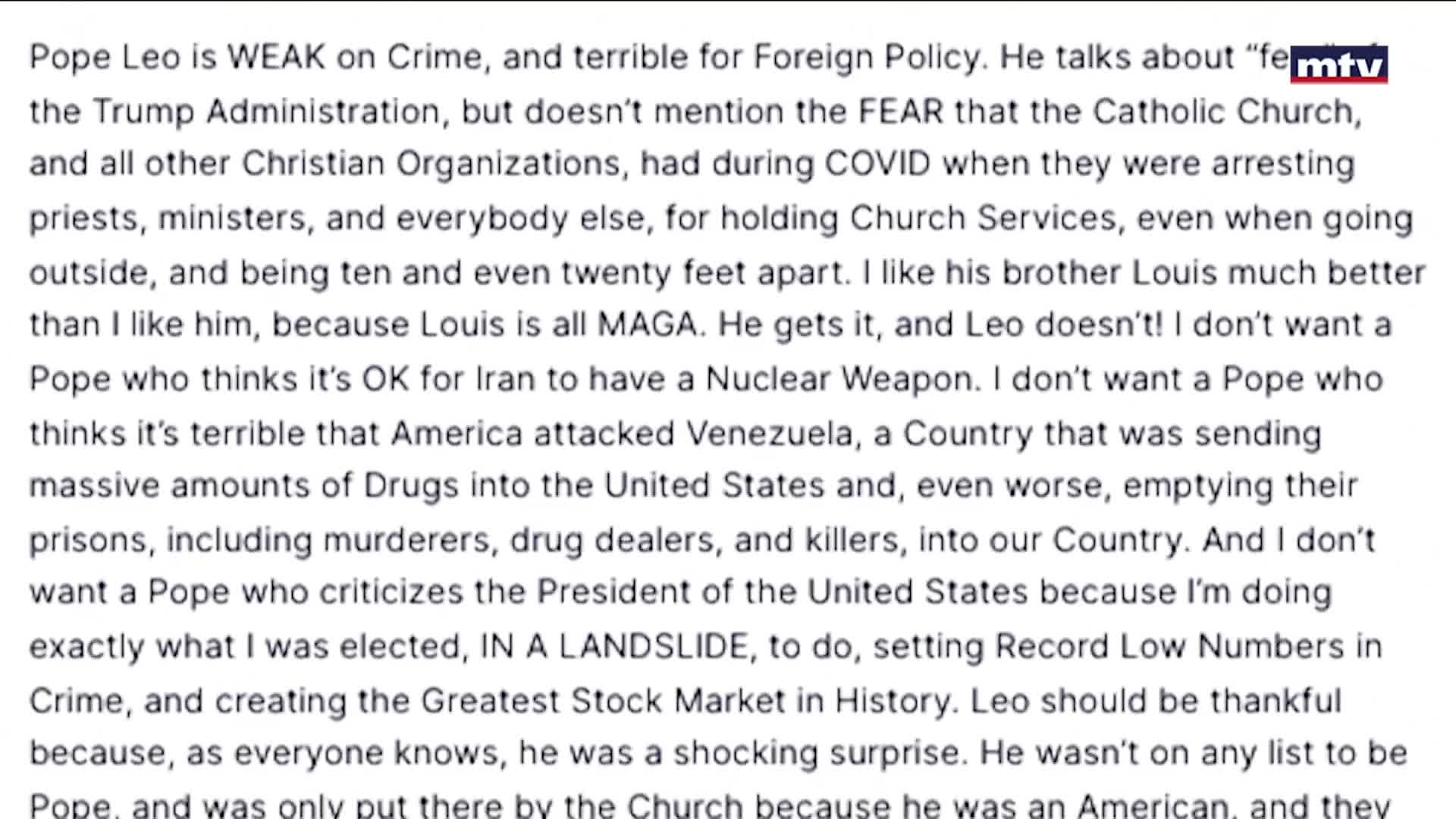 ترامب يهاجم البابا لاوون الرابع عشر