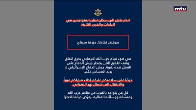 إنذارات عاجلة لسكان بلدات صرفند وتفاحتا ومزرعة سناي في لبنان
