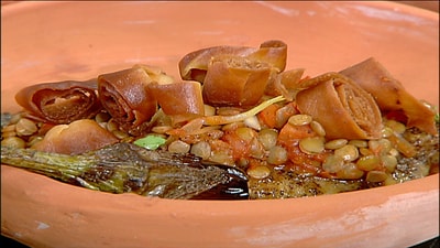 Fish fatteh with lentils