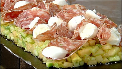 Cantaloupe tartare with salami cutlets
