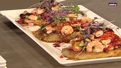 Grilled shrimps with eggplants